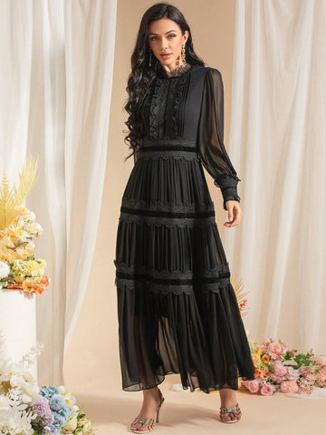 Elegant Fashion Lace Applique Dress Women Light Luxury Retro Chiffon Lantern Sleeves Thin Long Dress Slim Large Swing Elegant Fashion Lace Applique Dress Women Light Luxury Retro Chiffon Lantern Sleeves Thin Long Dress Slim Large Swing