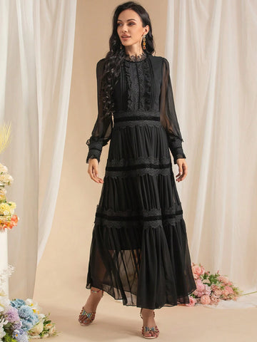 Elegant Fashion Lace Applique Dress Women Light Luxury Retro Chiffon Lantern Sleeves Thin Long Dress Slim Large Swing Elegant Fashion Lace Applique Dress Women Light Luxury Retro Chiffon Lantern Sleeves Thin Long Dress Slim Large Swing