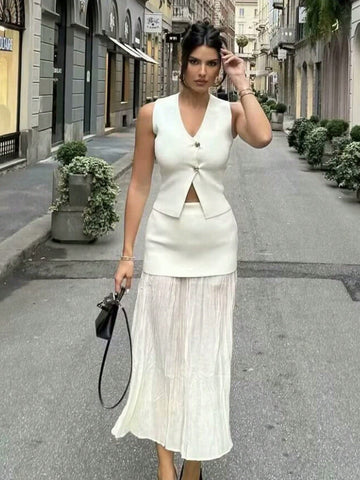 Elegant Knitted Splicing Solid Midi Skirt For Women Fashion Zipper Elastic Waist Pleated Long Skirts Elegant Knitted Splicing Solid Midi Skirt For Women Fashion Zipper Elastic Waist Pleated Long Skirts