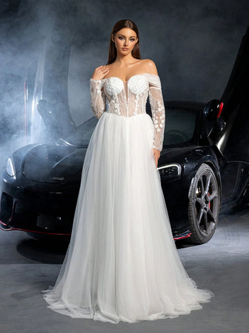 Elegant Off Shoulder Long Sleeves Lace Up Backless Floral Applique Beaded Wedding Dress Elegant Off Shoulder Long Sleeves Lace Up Backless Floral Applique Beaded Wedding Dress