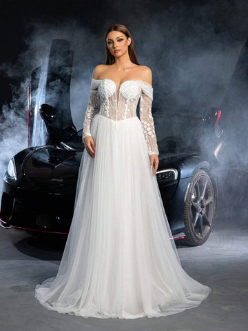 Elegant Off Shoulder Long Sleeves Lace Up Backless Floral Applique Beaded Wedding Dress Elegant Off Shoulder Long Sleeves Lace Up Backless Floral Applique Beaded Wedding Dress