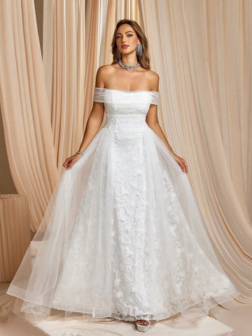 Elegant One-Shoulder White Lace Tulle Wedding Gown With Gorgeous Long Train Bridal Dress Elegant One-Shoulder White Lace Tulle Wedding Gown With Gorgeous Long Train Bridal Dress
