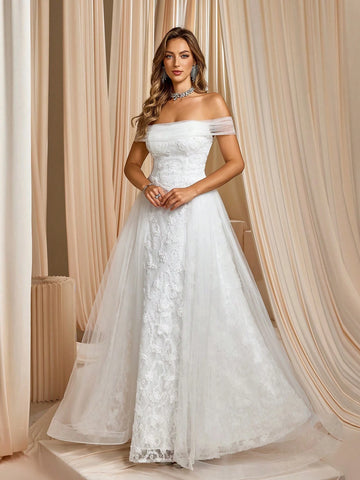 Elegant One-Shoulder White Lace Tulle Wedding Gown With Gorgeous Long Train Bridal Dress Elegant One-Shoulder White Lace Tulle Wedding Gown With Gorgeous Long Train Bridal Dress