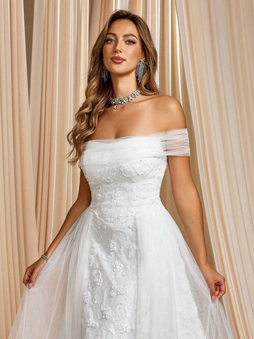 Elegant One-Shoulder White Lace Tulle Wedding Gown With Gorgeous Long Train Bridal Dress Elegant One-Shoulder White Lace Tulle Wedding Gown With Gorgeous Long Train Bridal Dress