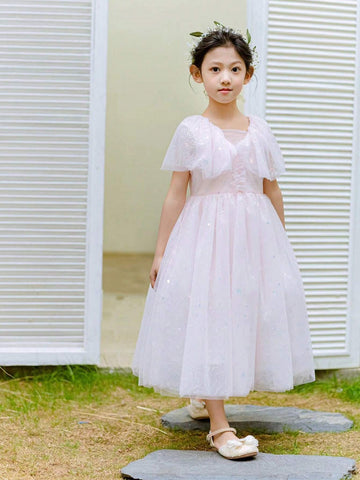 Elegant Pink Sleeveless High Neck Dressy Dress For Girls, Summer Cute Princess Dress Elegant Pink Sleeveless High Neck Dressy Dress For Girls, Summer Cute Princess Dress