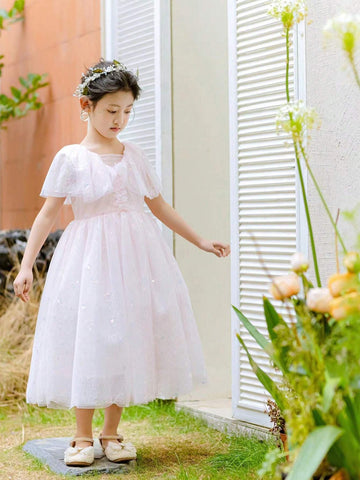 Elegant Pink Sleeveless High Neck Dressy Dress For Girls, Summer Cute Princess Dress Elegant Pink Sleeveless High Neck Dressy Dress For Girls, Summer Cute Princess Dress