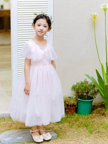 Elegant Pink Sleeveless High Neck Dressy Dress For Girls, Summer Cute Princess Dress Elegant Pink Sleeveless High Neck Dressy Dress For Girls, Summer Cute Princess Dress
