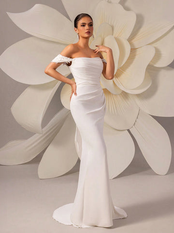 Elegant Simple Off Shoulder Pleated Bodycon Mermaid Wedding Dress With Small Trailing Elegant Simple Off Shoulder Pleated Bodycon Mermaid Wedding Dress With Small Trailing