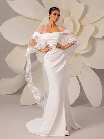 Elegant Simple Off Shoulder Pleated Bodycon Mermaid Wedding Dress With Small Trailing Elegant Simple Off Shoulder Pleated Bodycon Mermaid Wedding Dress With Small Trailing