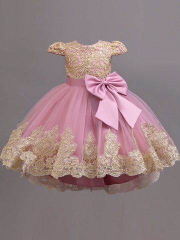 Elegant Sleeveless Embroidered Trailing Princess Dress, Luxurious Tulle Puffy Flower Girl Formal Gown For Performance/Occasion Elegant Sleeveless Embroidered Trailing Princess Dress, Luxurious Tulle Puffy Flower Girl Formal Gown For Performance/Occasion