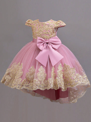 Elegant Sleeveless Embroidered Trailing Princess Dress, Luxurious Tulle Puffy Flower Girl Formal Gown For Performance/Occasion Elegant Sleeveless Embroidered Trailing Princess Dress, Luxurious Tulle Puffy Flower Girl Formal Gown For Performance/Occasion