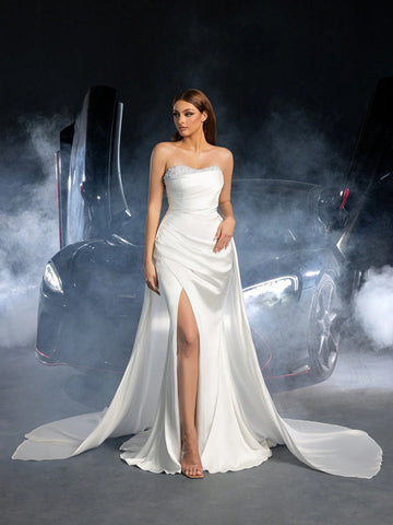 Elegant Strapless Pearl Embellshed Split Thigh Satin Wedding Dress Elegant Strapless Pearl Embellshed Split Thigh Satin Wedding Dress