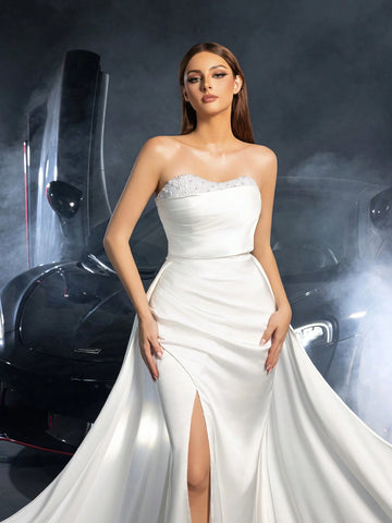 Elegant Strapless Pearl Embellshed Split Thigh Satin Wedding Dress Elegant Strapless Pearl Embellshed Split Thigh Satin Wedding Dress