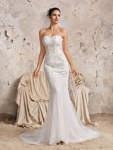 Elegant Strapless Sweetheart Neckline Heavy Lace Embroidery Luxurious Corset Mermaid Wedding Dress With Train Elegant Strapless Sweetheart Neckline Heavy Lace Embroidery Luxurious Corset Mermaid Wedding Dress With Train
