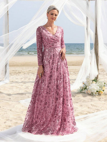 Elegant Surplice Neck Floral Sequin Mother Of The Bride Formal Dress Elegant Surplice Neck Floral Sequin Mother Of The Bride Formal Dress