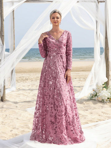 Elegant Surplice Neck Floral Sequin Mother Of The Bride Formal Dress Elegant Surplice Neck Floral Sequin Mother Of The Bride Formal Dress