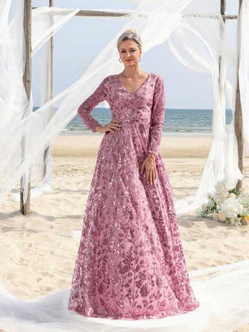 Elegant Surplice Neck Floral Sequin Mother Of The Bride Formal Dress Elegant Surplice Neck Floral Sequin Mother Of The Bride Formal Dress