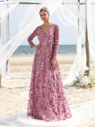 Elegant Surplice Neck Floral Sequin Mother Of The Bride Formal Dress Elegant Surplice Neck Floral Sequin Mother Of The Bride Formal Dress
