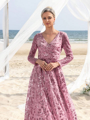 Elegant Surplice Neck Floral Sequin Mother Of The Bride Formal Dress Elegant Surplice Neck Floral Sequin Mother Of The Bride Formal Dress