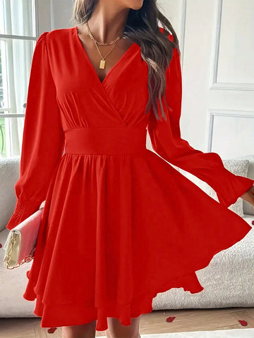 Elegant V-Neck Ruffle Hem Short Dress, Long Sleeve, Solid Color, Suitable For Spring And Autumn Elegant V-Neck Ruffle Hem Short Dress, Long Sleeve, Solid Color, Suitable For Spring And Autumn