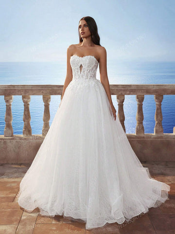 Elegant Victoria Sequin Floral Lace Embroidered Off-The-Shoulder Hollow Crop Top & Fish Bone Romantic Tulle Puff Skirt Train Wedding Dress Elegant Victoria Sequin Floral Lace Embroidered Off-The-Shoulder Hollow Crop Top & Fish Bone Romantic Tulle Puff Skirt Train Wedding Dress