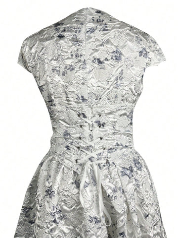 Elegant Women Jacquard Fabric Tie Back Fitted Waist Short Sleeve Midi Dress Elegant Women Jacquard Fabric Tie Back Fitted Waist Short Sleeve Midi Dress