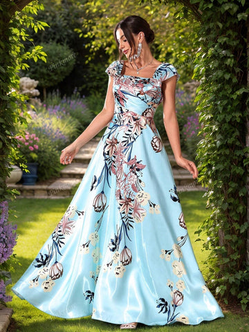 Elegant Women's Cap Sleeve Blue Floor-Length Floral Pattern A-Line Long Party Dress Elegant Women's Cap Sleeve Blue Floor-Length Floral Pattern A-Line Long Party Dress