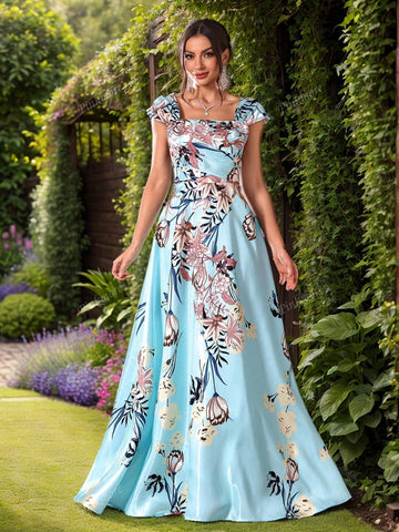 Elegant Women's Cap Sleeve Blue Floor-Length Floral Pattern A-Line Long Party Dress Elegant Women's Cap Sleeve Blue Floor-Length Floral Pattern A-Line Long Party Dress