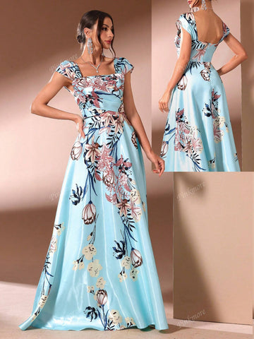Elegant Women's Cap Sleeve Blue Floor-Length Floral Pattern A-Line Long Party Dress Elegant Women's Cap Sleeve Blue Floor-Length Floral Pattern A-Line Long Party Dress