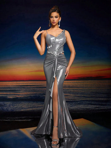 Elegant Women's Hand-Embroidered Beading Asymmetrical Neck Backless Zipper Ruffle Hem Maxi Evening Gown (Heavily Embellished),Wedding Event Dress Elegant Women's Hand-Embroidered Beading Asymmetrical Neck Backless Zipper Ruffle Hem Maxi Evening Gown (Heavily Embellished),Wedding Event Dress