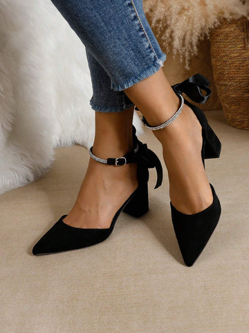 Elegant Women's Thick High Heel Pointed Toe Black Pumps, Fashionable Crystal Strap Sexy Butterfly Hollow Elegant Women's Thick High Heel Pointed Toe Black Pumps, Fashionable Crystal Strap Sexy Butterfly Hollow