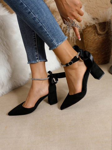 Elegant Women's Thick High Heel Pointed Toe Black Pumps, Fashionable Crystal Strap Sexy Butterfly Hollow Elegant Women's Thick High Heel Pointed Toe Black Pumps, Fashionable Crystal Strap Sexy Butterfly Hollow