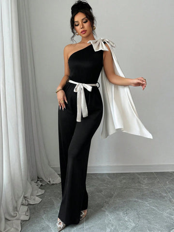 Elenzga Elegant Color Blocking Ribbon Bow Decor Romper Elenzga Elegant Color Blocking Ribbon Bow Decor Romper