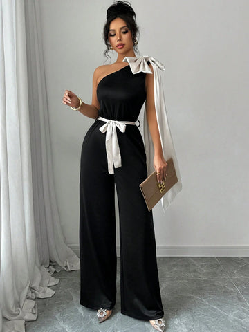 Elenzga Elegant Color Blocking Ribbon Bow Decor Romper Elenzga Elegant Color Blocking Ribbon Bow Decor Romper