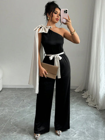 Elenzga Elegant Color Blocking Ribbon Bow Decor Romper Elenzga Elegant Color Blocking Ribbon Bow Decor Romper