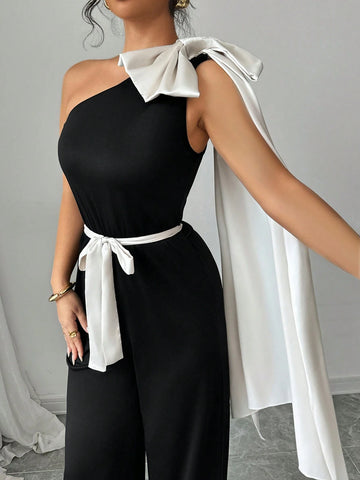 Elenzga Elegant Color Blocking Ribbon Bow Decor Romper Elenzga Elegant Color Blocking Ribbon Bow Decor Romper