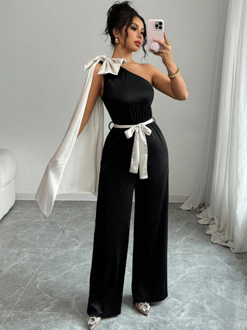 Elenzga Elegant Color Blocking Ribbon Bow Decor Romper Elenzga Elegant Color Blocking Ribbon Bow Decor Romper