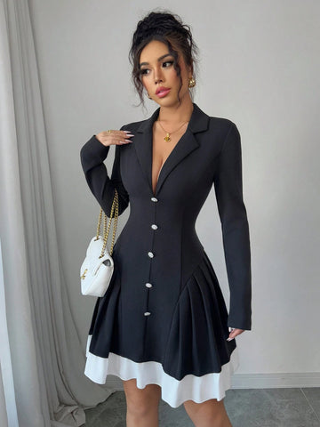 Elenzga Elegant Romantic Women's V-Neck Color Block Pleated Waist A-Line Long Sleeve Dress Elenzga Elegant Romantic Women's V-Neck Color Block Pleated Waist A-Line Long Sleeve Dress