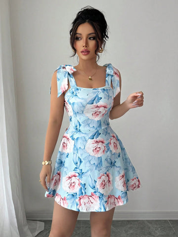 Elenzga Floral Print Shoulder Tie Waist A-Line Dress Elenzga Floral Print Shoulder Tie Waist A-Line Dress