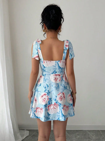 Elenzga Floral Print Shoulder Tie Waist A-Line Dress Elenzga Floral Print Shoulder Tie Waist A-Line Dress