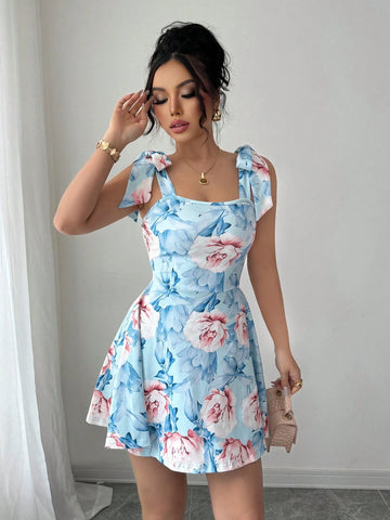 Elenzga Floral Print Shoulder Tie Waist A-Line Dress Elenzga Floral Print Shoulder Tie Waist A-Line Dress