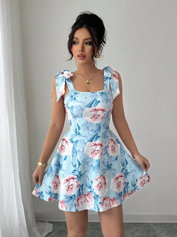 Elenzga Floral Print Shoulder Tie Waist A-Line Dress Elenzga Floral Print Shoulder Tie Waist A-Line Dress