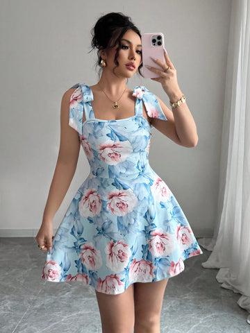 Elenzga Floral Print Shoulder Tie Waist A-Line Dress Elenzga Floral Print Shoulder Tie Waist A-Line Dress