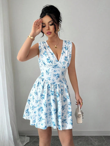 Elenzga Short Floral V-Neck Ruched Waist Dress Elenzga Short Floral V-Neck Ruched Waist Dress