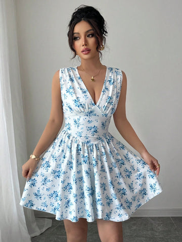 Elenzga Short Floral V-Neck Ruched Waist Dress Elenzga Short Floral V-Neck Ruched Waist Dress