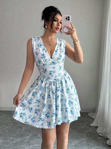 Elenzga Short Floral V-Neck Ruched Waist Dress Elenzga Short Floral V-Neck Ruched Waist Dress