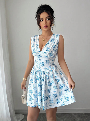 Elenzga Short Floral V-Neck Ruched Waist Dress Elenzga Short Floral V-Neck Ruched Waist Dress
