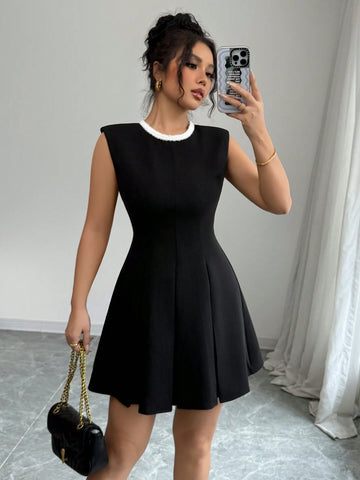 Elenzga Sleeveless Crew Neck Decorative Short Dress For Women Elenzga Sleeveless Crew Neck Decorative Short Dress For Women