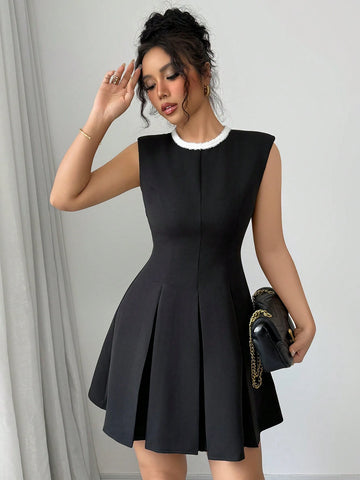 Elenzga Sleeveless Crew Neck Decorative Short Dress For Women Elenzga Sleeveless Crew Neck Decorative Short Dress For Women