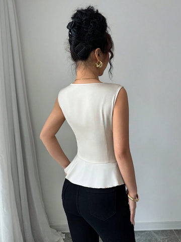 Elenzga Sleeveless Plunging Neck Cinched Waist Zip-Up Women Shirt, Spring/Summer Elenzga Sleeveless Plunging Neck Cinched Waist Zip-Up Women Shirt, Spring/Summer